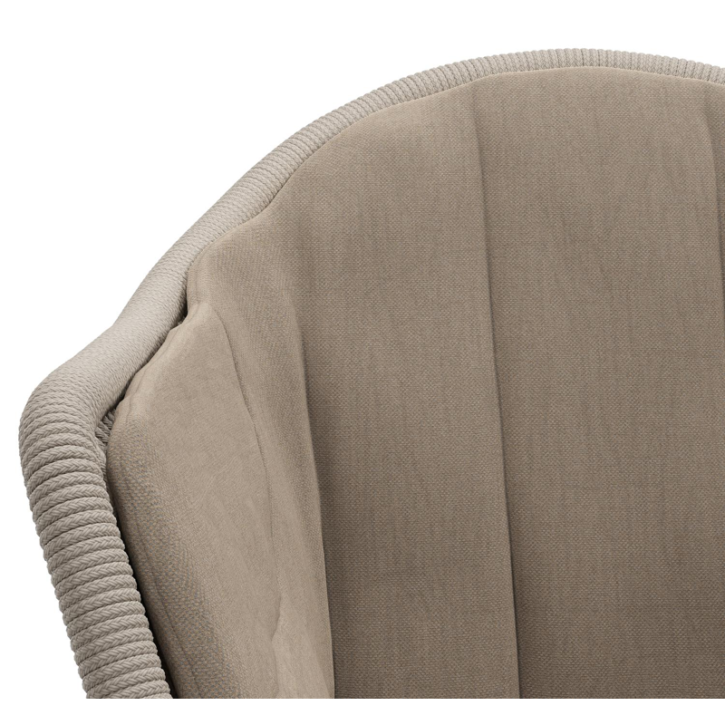 Pagino tuinstoel in zwart aluminium en beige verticaal geweven ronde rope met zitkussen in All Weather Sunbrella® Luxe Natte Heather Grey