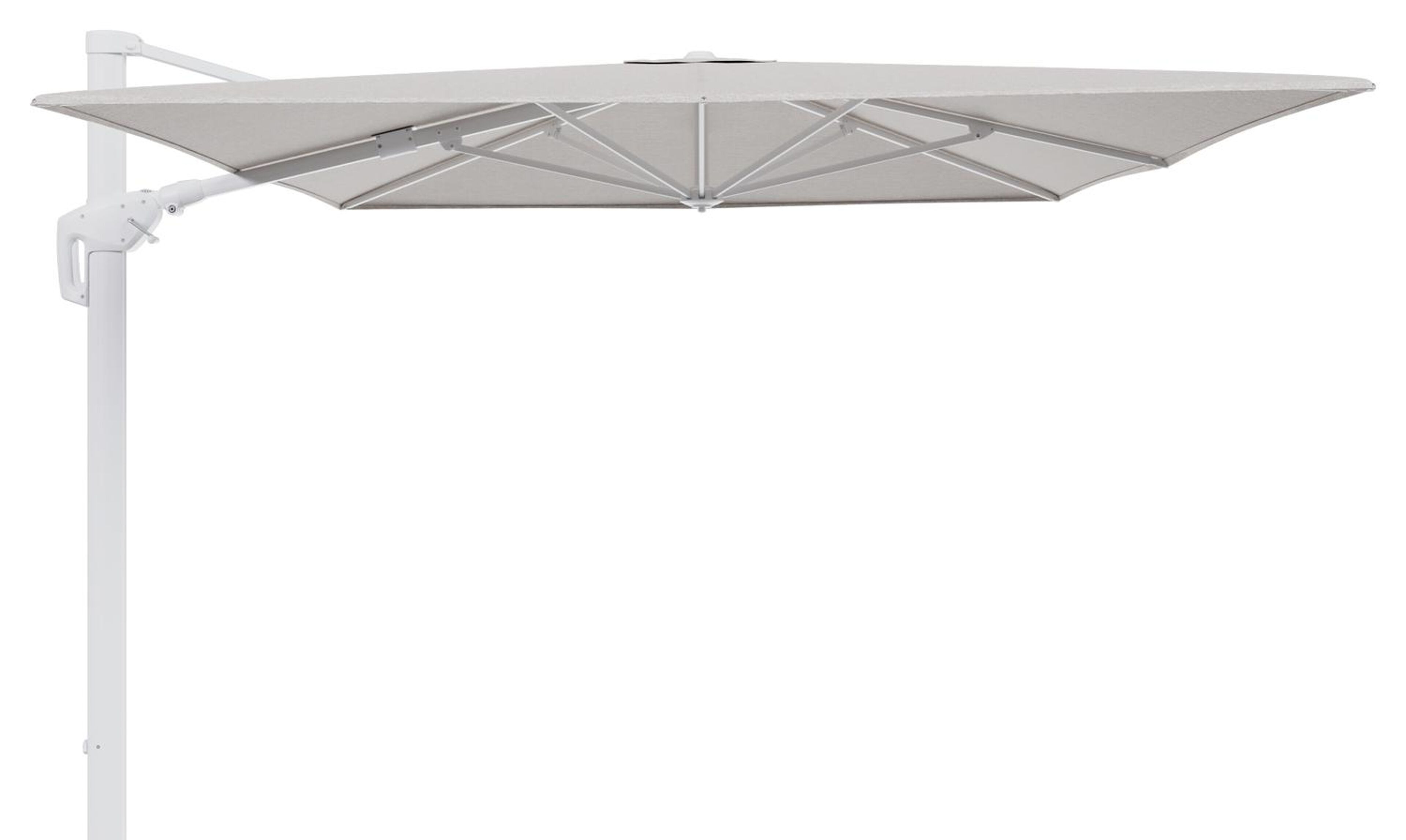 Minore zweefparasol tiltfunctie in wit aluminium en parasoldoek in All Weather Sunbrella® Luxe Tundra Sand  - L1 400 x L2 300 cm (zonder voet)