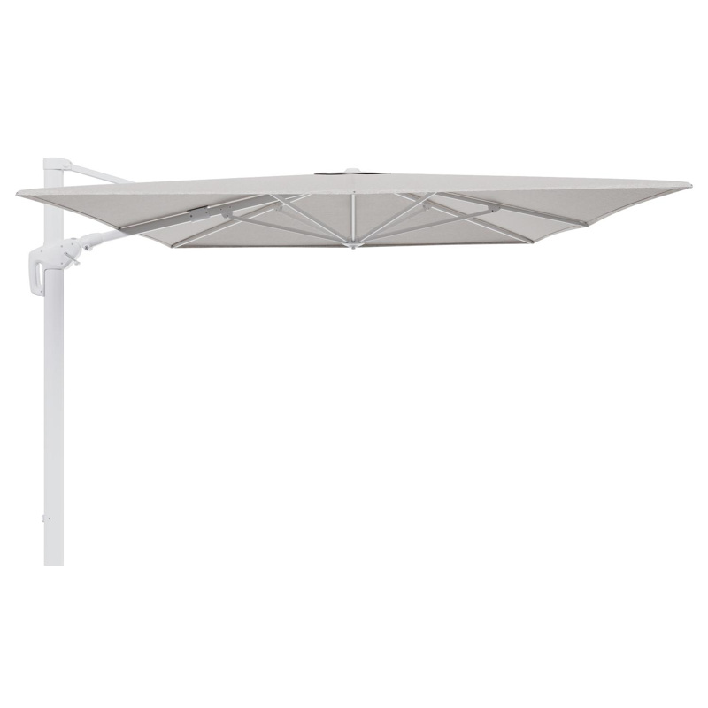 Minore zweefparasol tiltfunctie in wit aluminium en parasoldoek in All Weather Sunbrella® Luxe Tundra Sand - L1 400 x L2 300 cm (zonder voet)