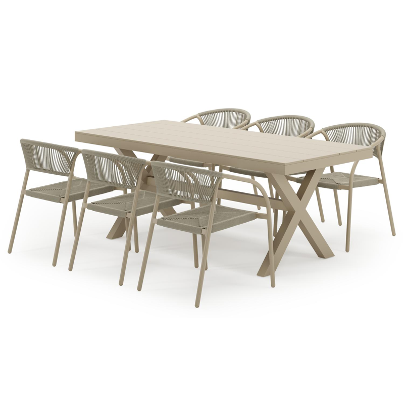 Bahia tuinset in beige aluminium met 6 stapelbare Melo tuinstoelen