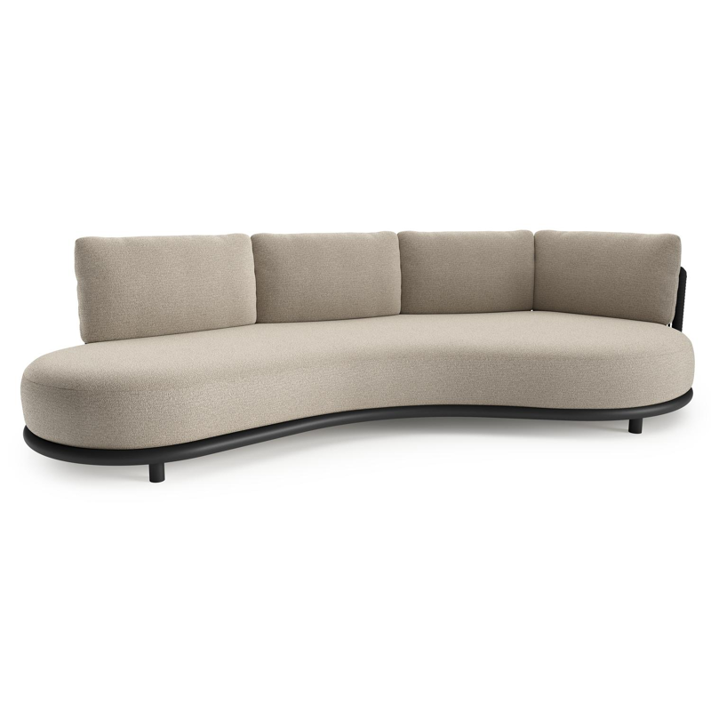 Lomano loungebank in zwart aluminium en zwart verticaal geweven luxe vlakke rope met catania sand All Weather Cosytica kussen