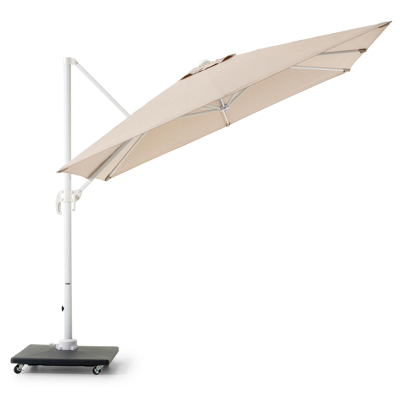 Calpe zweefparasol in wit aluminium en beige Weather+ Softtouch parasoldoek - L1 270 x L2 270 cm met Calpe parasolvoet 70 kg