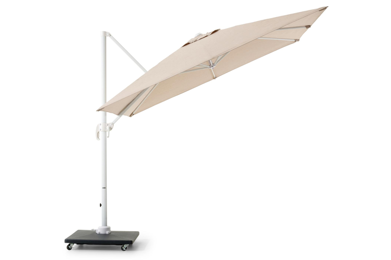 Calpe zweefparasol in wit aluminium en beige Weather+ Softtouch parasoldoek - L1 270 x L2 270 cm met Calpe parasolvoet 70 kg