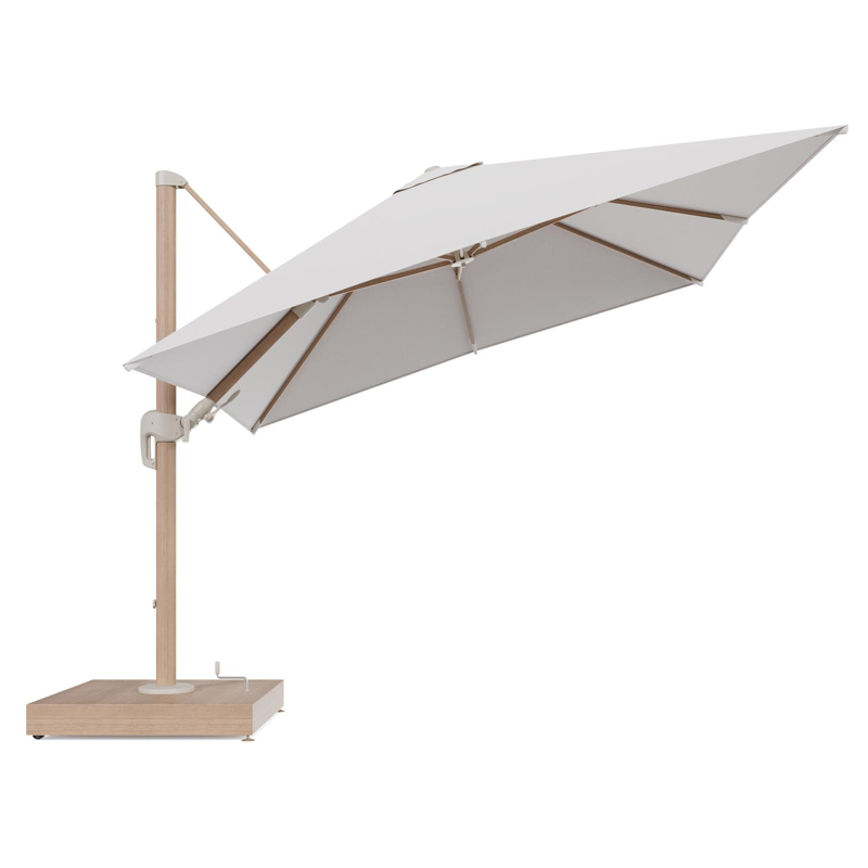Rufina zweefparasol met tiltfunctie in houtlook aluminium en Ego Eggshell All Weather Solica parasoldoek - L1 300 x L2 300 cm met parasolvoet Minore 260 kg met wielen