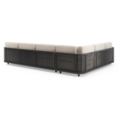 Organo loungehoek in zwart aluminium en zwart verticaal geweven luxe vlakke rope met lopi antique all weather Sunbrella® luxe kussen