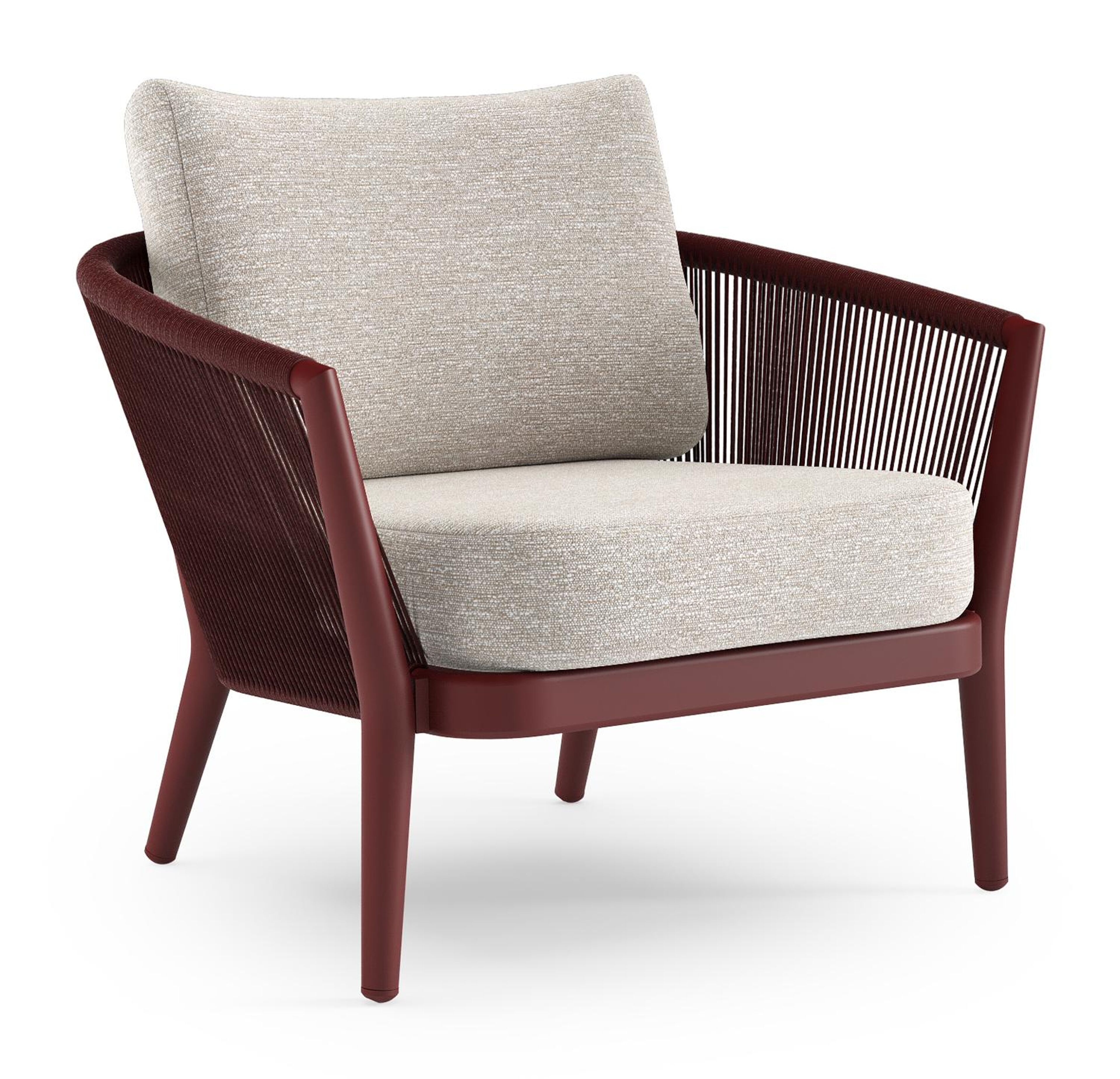 Orso loungestoel in ruby aluminium en ruby verticaal geweven ronde rope met Tundra Sand all weather sunbrella® luxe kussen