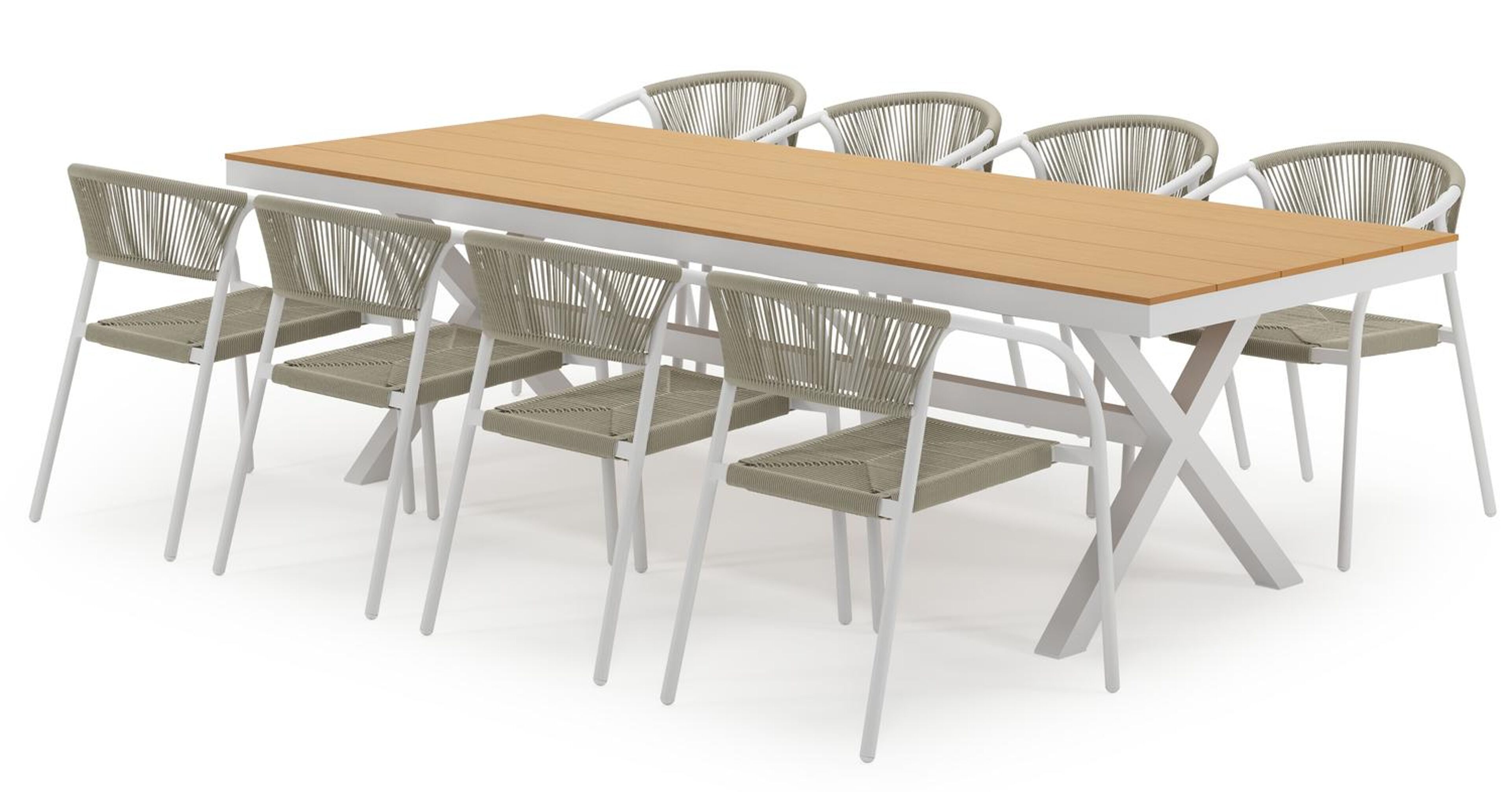 Bahia tuinset in wit aluminium en polywood met 8 stapelbare Melo tuinstoelen