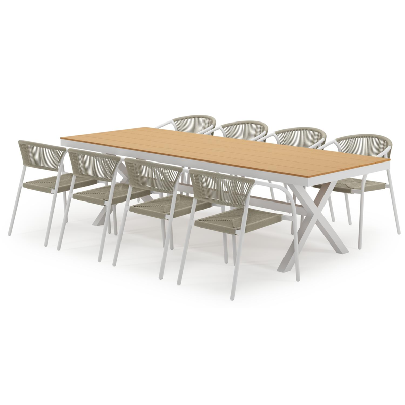 Bahia tuinset in wit aluminium en polywood met 8 stapelbare Melo tuinstoelen