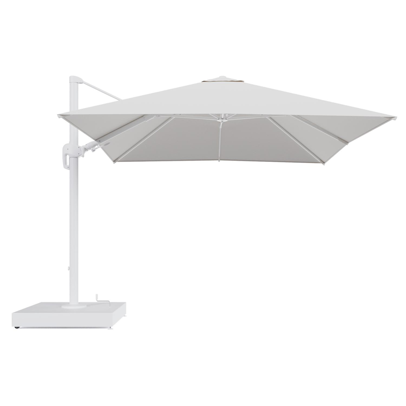 Rufina zweefparasol met tiltfunctie in wit aluminium en Soul Optik All Weather Solica parasoldoek - L1 300 x L2 300 cm met parasolvoet Minore 260 kg met wielen
