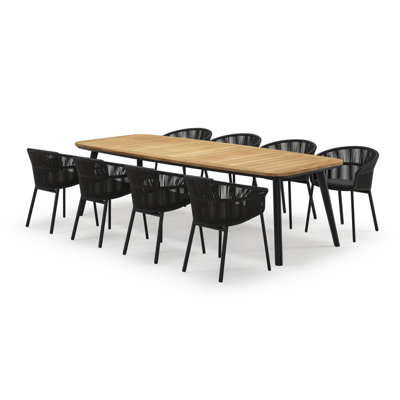 Mosa bootvormige tuinset in zwart aluminium en teak natural finish met 8 Matera tuinstoelen