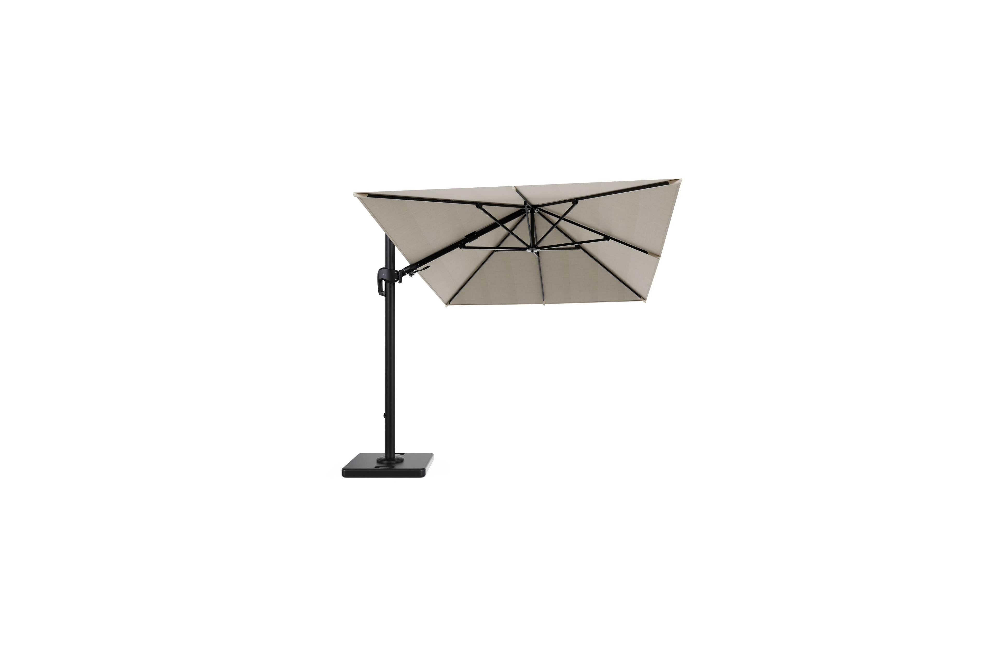 Rufina zweefparasol met tiltfunctie in zwart aluminium met beige all weather sunbrella® premium parasoldoek - L1 350 x L2 250 cm met parasolvoet Lapido 120 kg