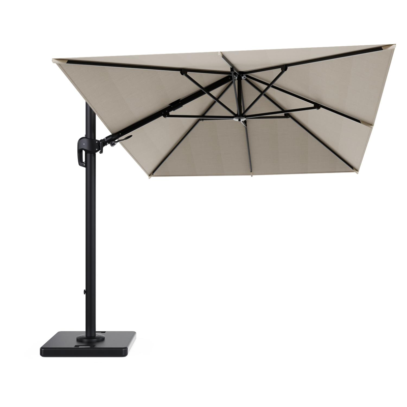 Rufina zweefparasol met tiltfunctie in zwart aluminium met beige all weather sunbrella® premium parasoldoek - L1 350 x L2 250 cm met parasolvoet Lapido 120 kg