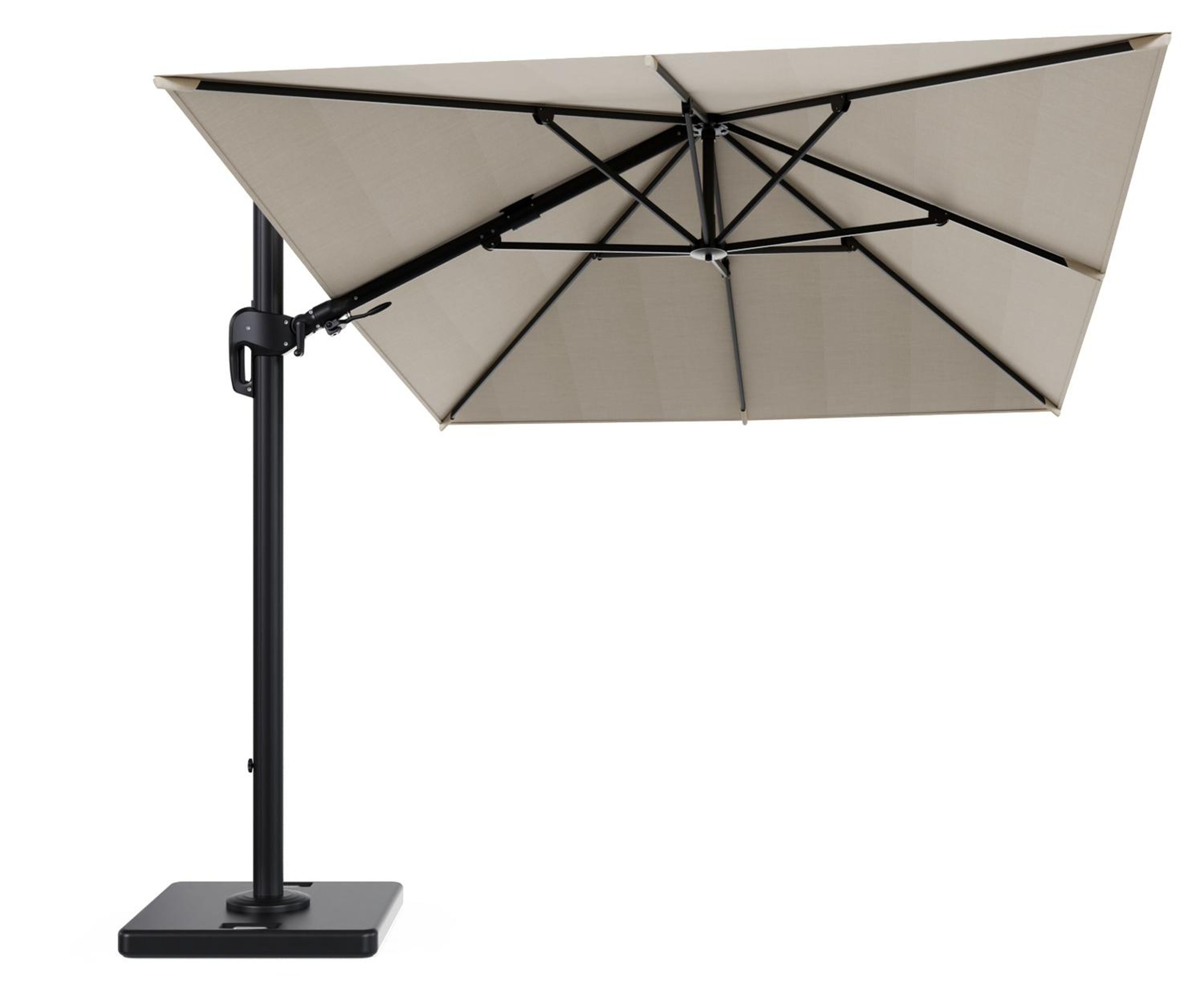 Rufina zweefparasol met tiltfunctie in zwart aluminium met beige all weather sunbrella® premium parasoldoek - L1 350 x L2 250 cm met parasolvoet Lapido 120 kg
