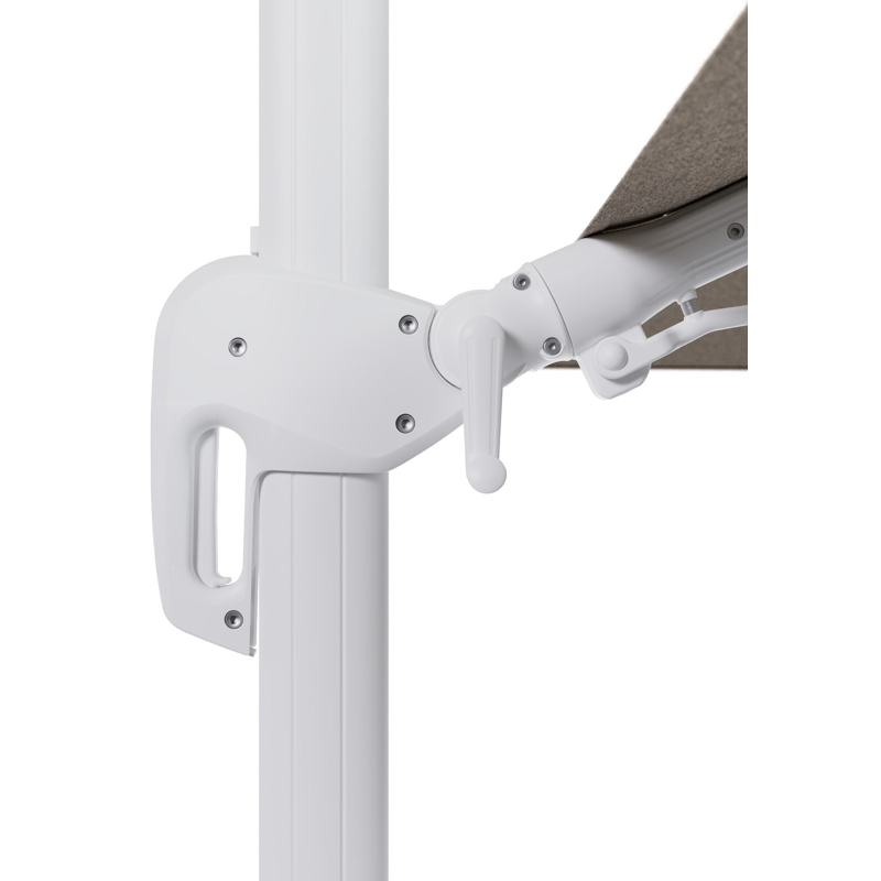 Rufina zweefparasol met tiltfunctie in wit aluminium en Chartres Pewter All Weather Sunbrella® Luxe parasoldoek - L1 400 x L2 300 cm met parasolvoet Minore 150 kg met wielen