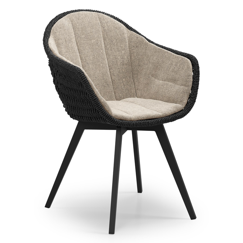 Pagino tuinstoel in zwart aluminium en zwart ronde wicker met zitkussen in All Weather Sunbrella® Luxe Chartres Pewter