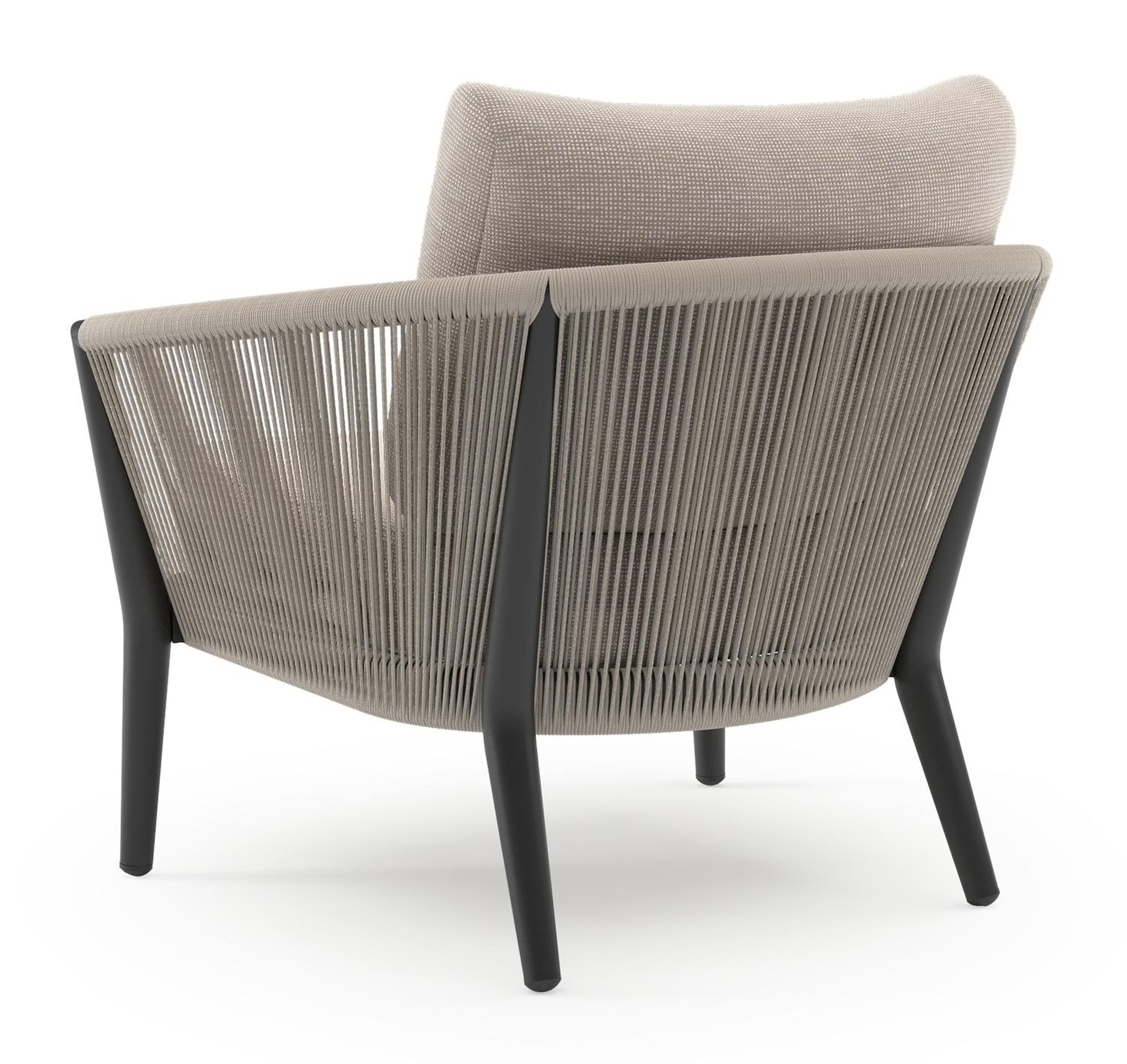 Orso loungestoel in zwart aluminium en beige verticaal geweven ronde rope met Slow Farafra all weather sunbrella® luxe kussen