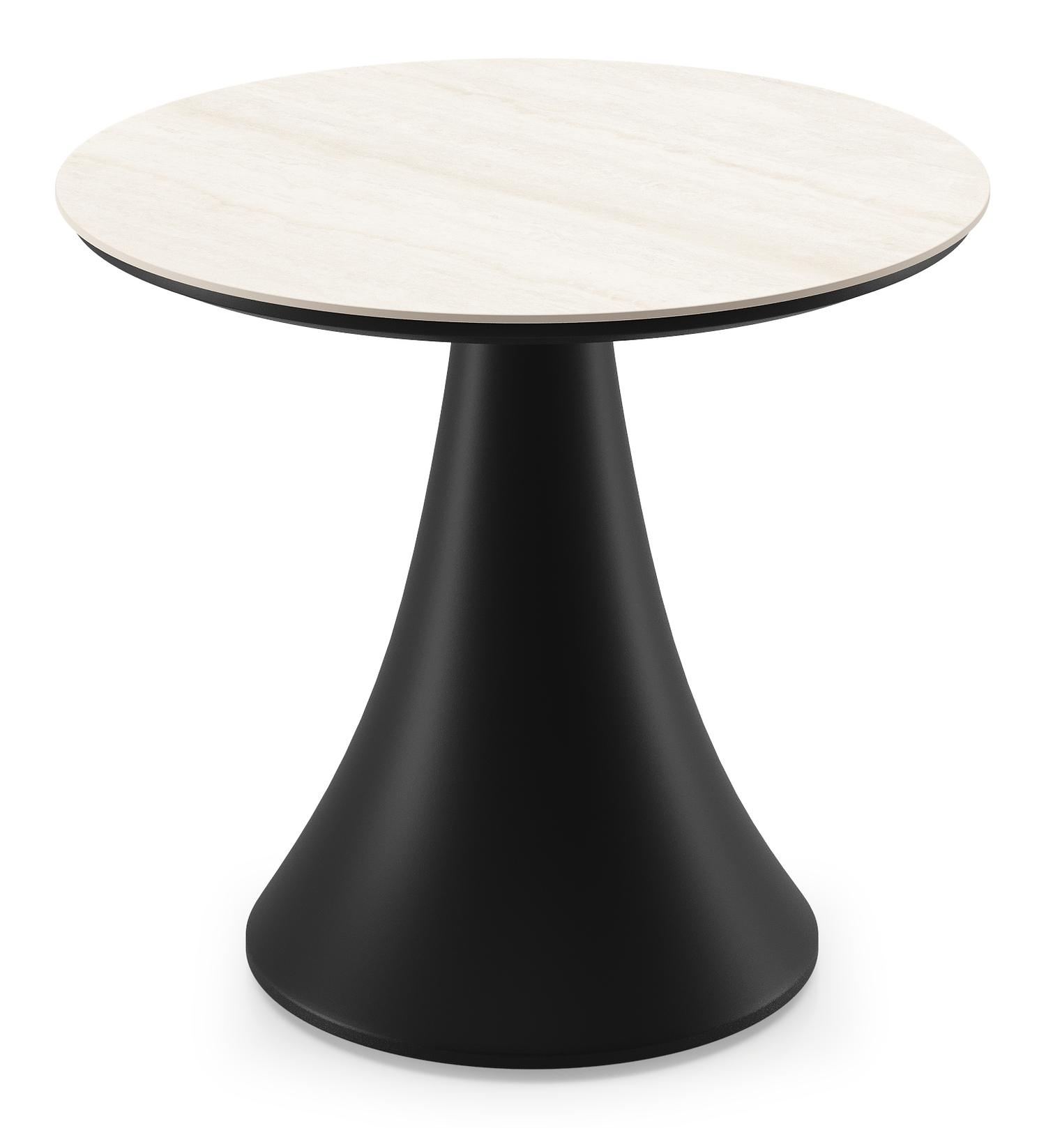 Table de basse low dining Fano ronde en aluminium noir et céramique pleine Travertino Bianco - Diam. 65 x Haut. 55 cm