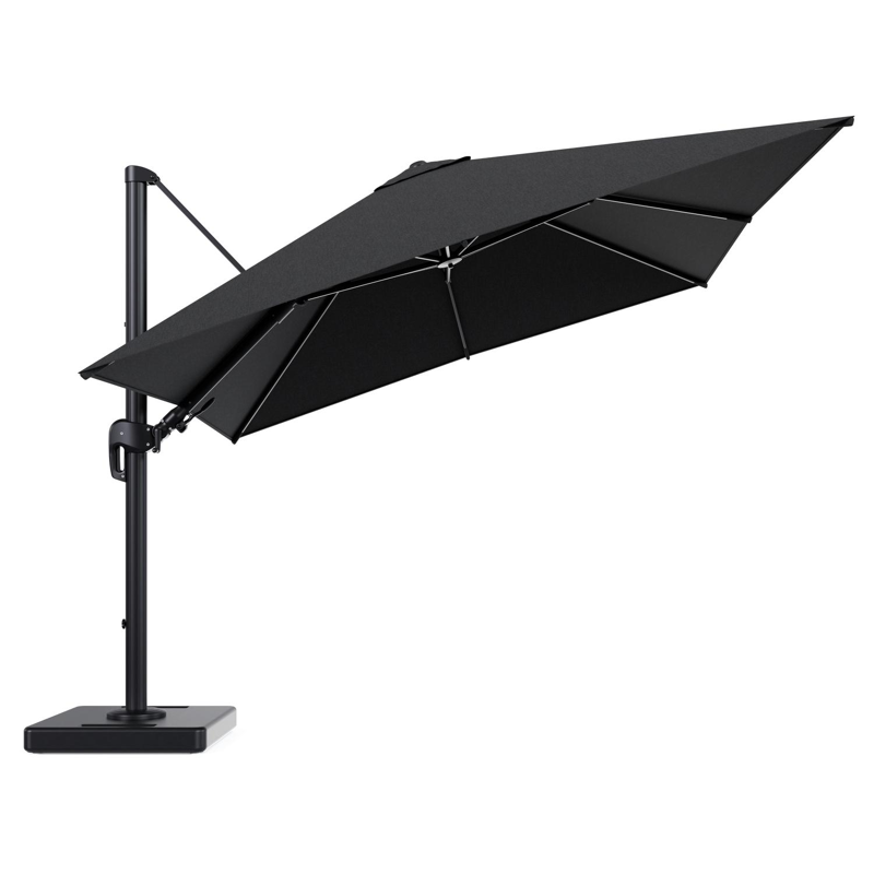Parasol pendant Rufina avec fonction tilt en aluminium noir et toile de parasol en All Weather Sunbrella® Luxe Chartres Sooty - Lg.1 300 x Lg.2 300 cm avec pied de parasol Lapido 160 kg