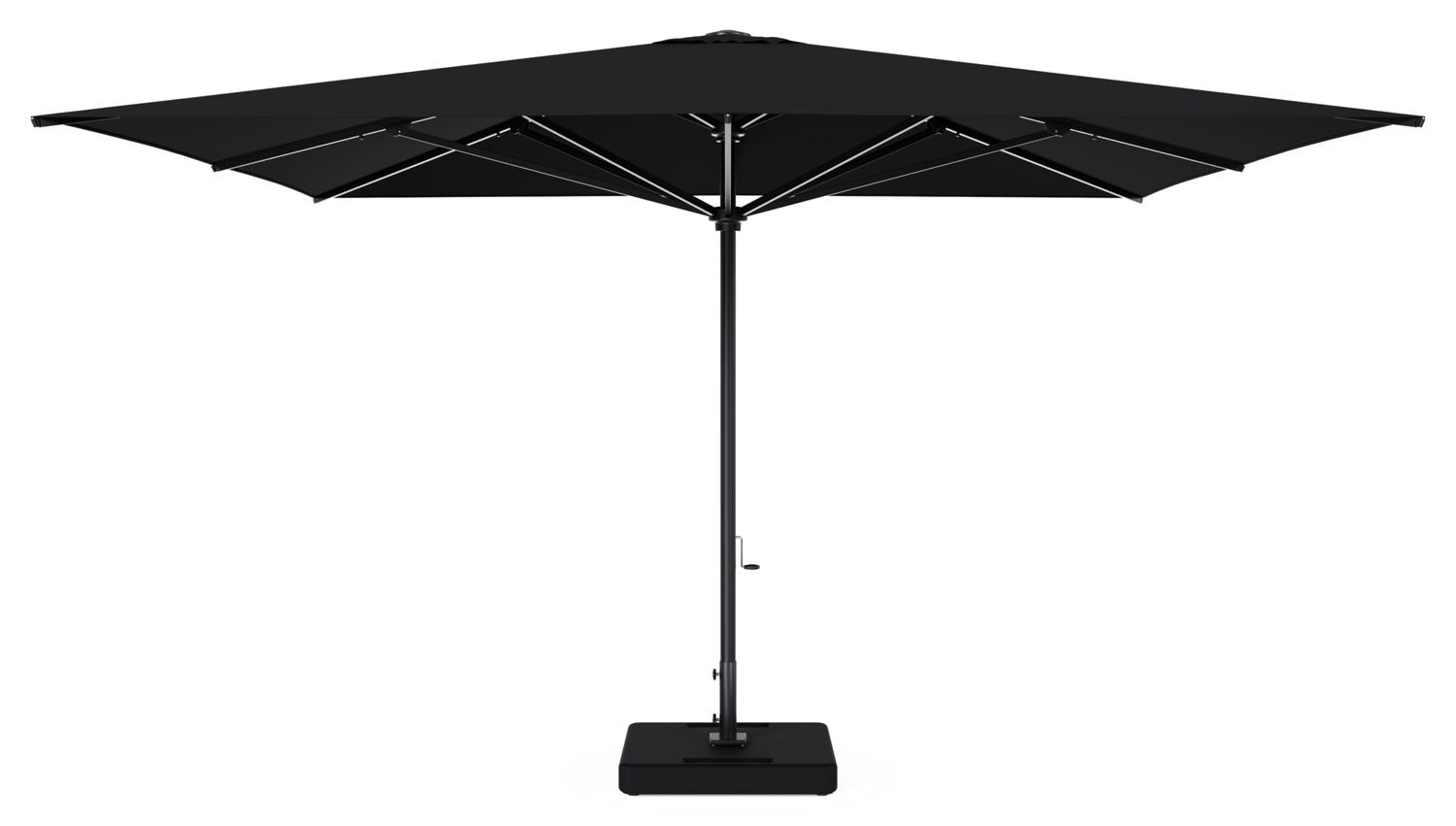 Solino staanparasol in zwart aluminium met zwart all weather sunbrella® premium parasoldoek - L1 400 x L2 400 cm met parasolvoet Lapido 120 kg