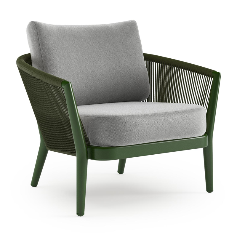Orso loungestoel in groen aluminium en groen verticaal geweven ronde rope met Savane Grey all weather sunbrella® luxe kussen