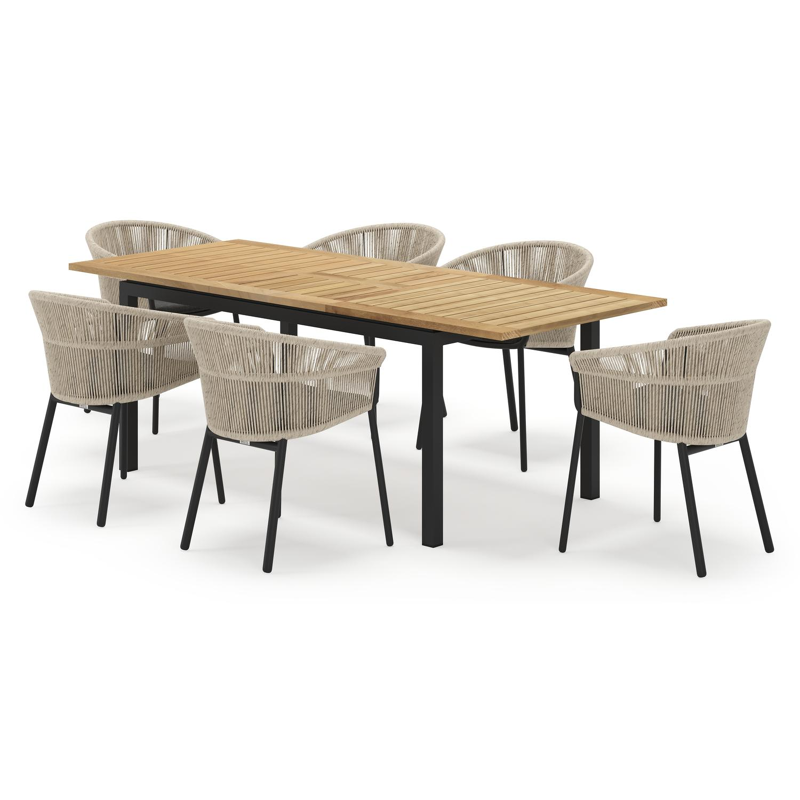 Amalfi rechthoekige uitschuifbare tuinset in zwart aluminium en teak naturel met 6 Matera tuinstoelen