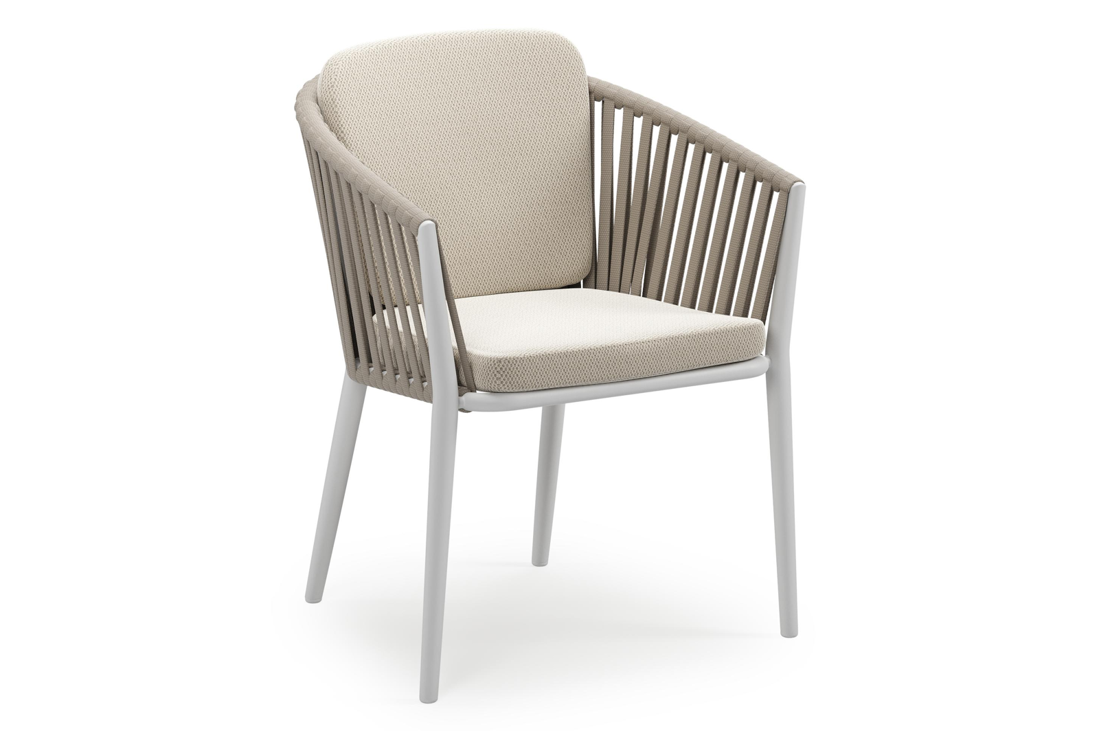 Orso stapelbare tuinstoel in wit aluminium en beige verticaal geweven luxe vlakke brede rope met stoelkussen in All Weather Sunbrella® Luxe Lopi Marble