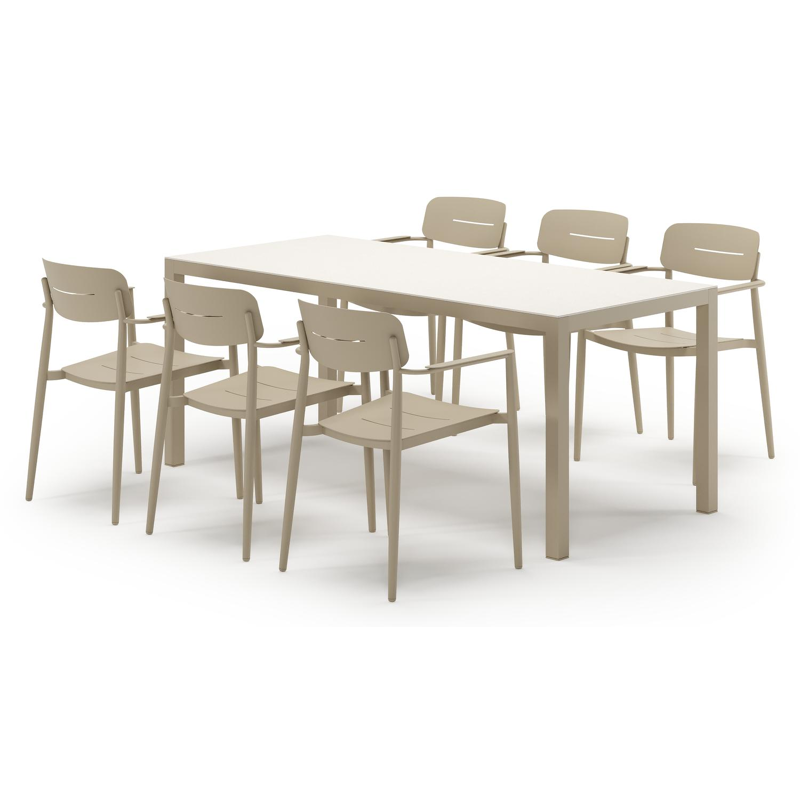 Ensemble de jardin Feltro en aluminium beige et sintered stone crema minerale avec 6 chaises de jardin empilable Cosa