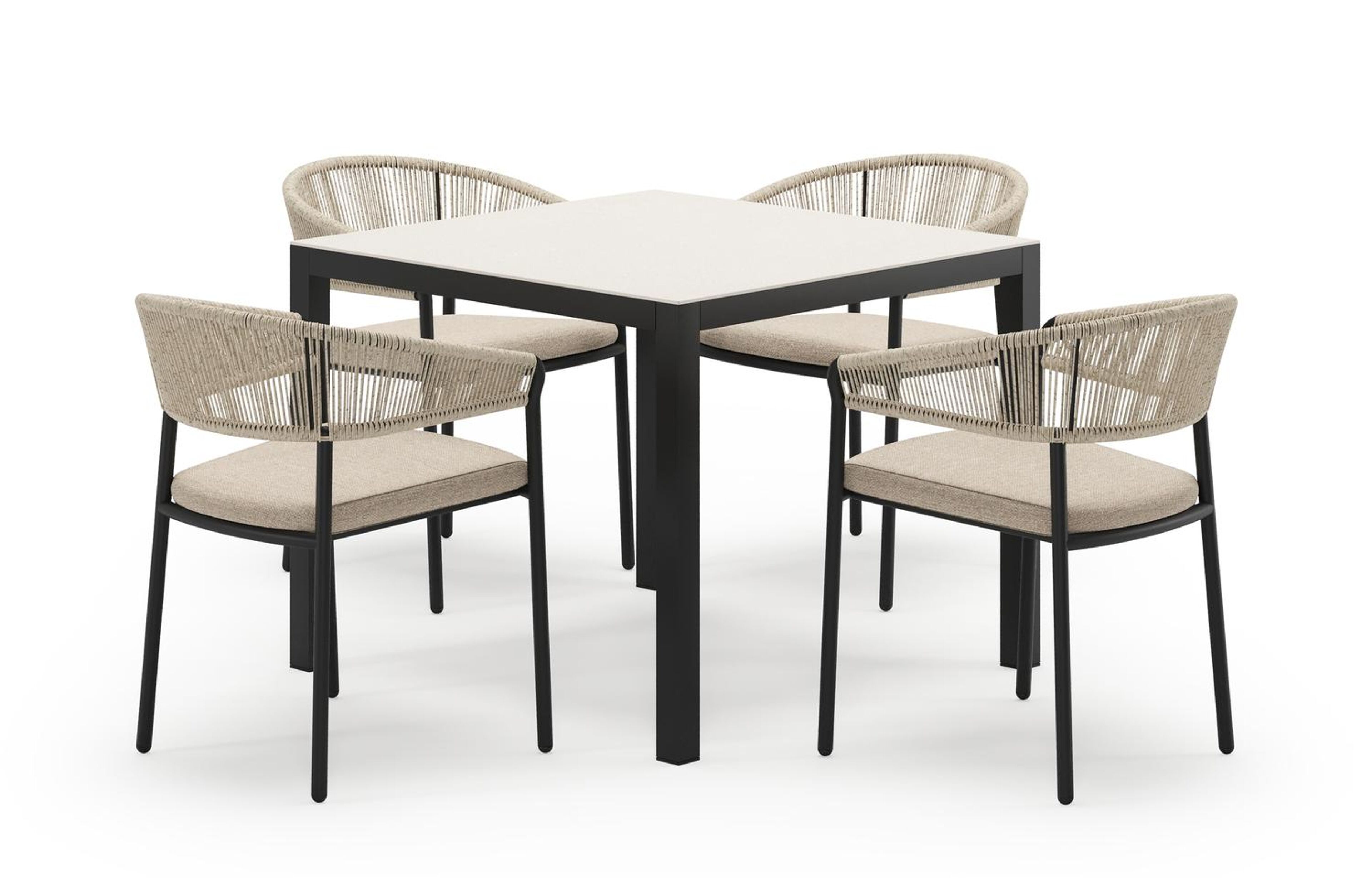 Feltro vierkante tuinset in zwart aluminium en sintered stone crema minerale met 4 Zamora tuinstoelen
