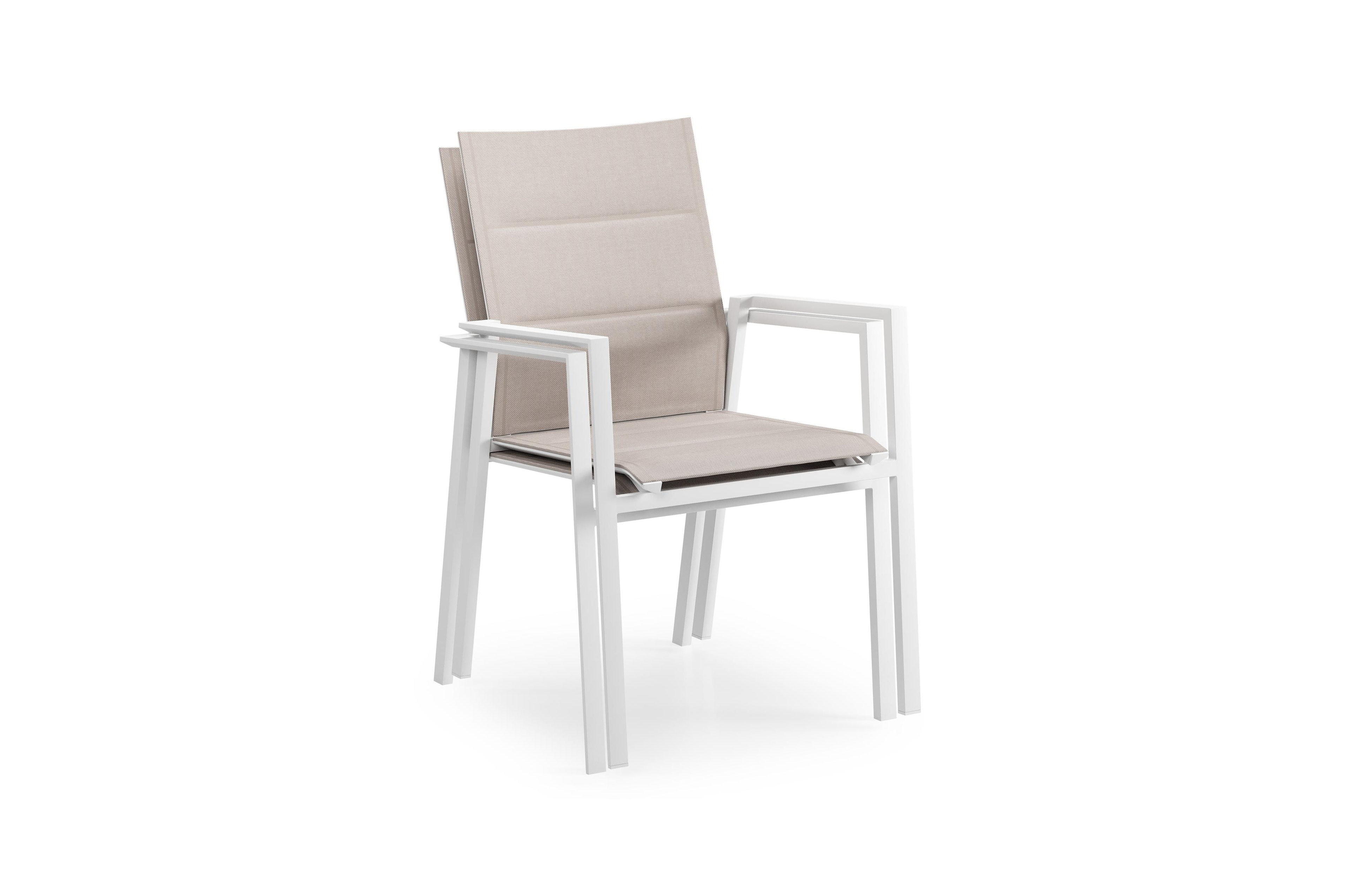 Cirello stapelbare tuinstoel in wit aluminium en beige dubbele textilene
