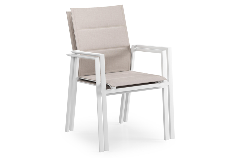 Cirello stapelbare tuinstoel in wit aluminium en beige dubbele textilene
