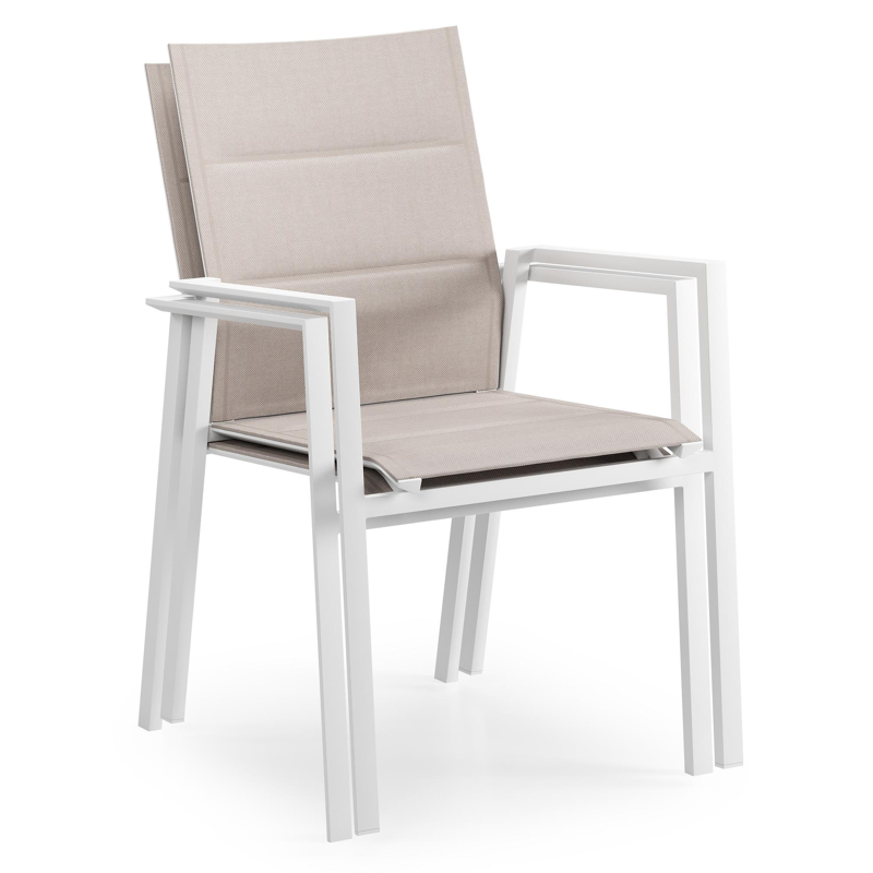 Cirello stapelbare tuinstoel in wit aluminium en beige dubbele textilene