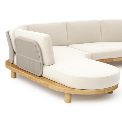 Donato loungehoek in teak en beige verticaal geweven ronde rope met all weather cosytica Althea Off White kussen