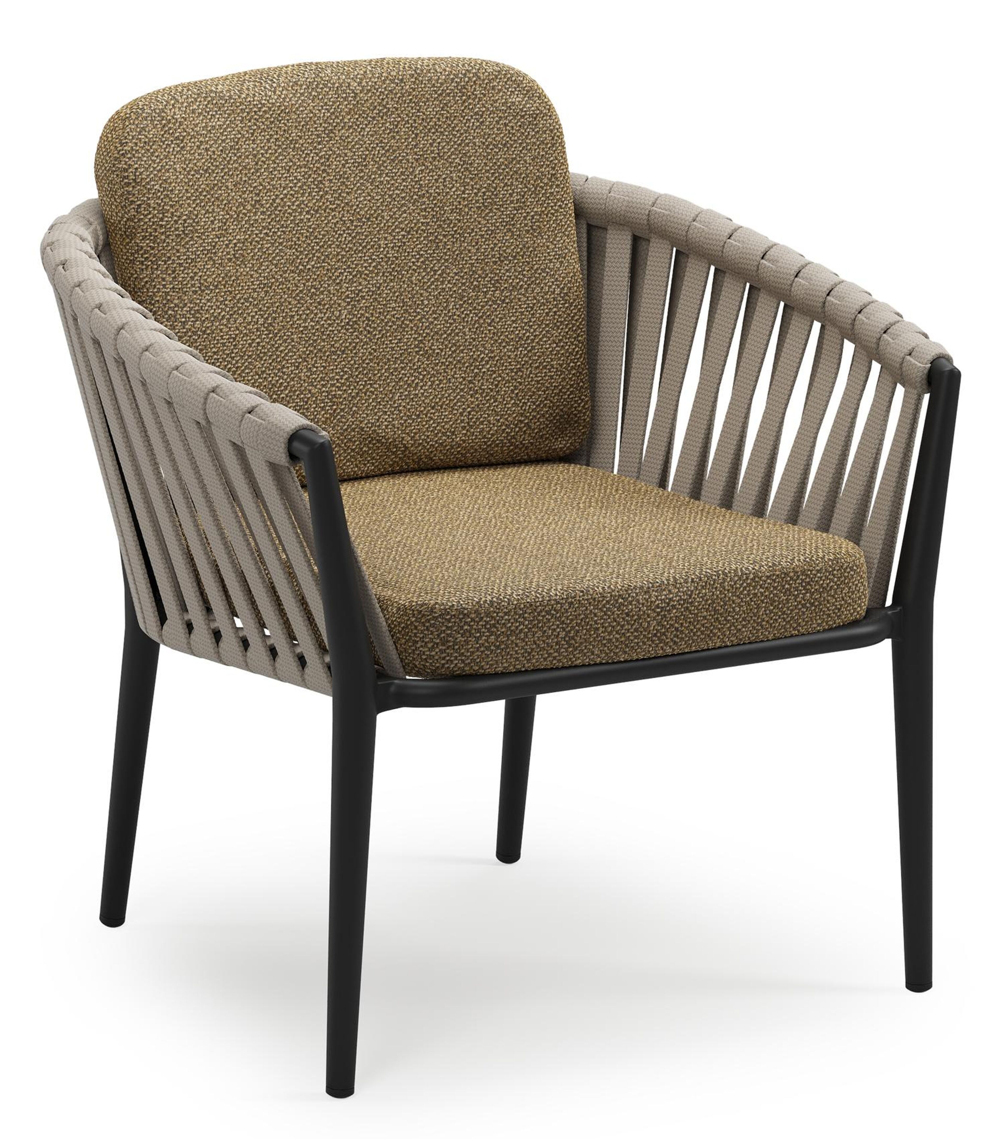 Orso low dining tuinstoel in zwart aluminium en beige verticaal geweven luxe vlakke brede rope met stoelkussen in All Weather Cosytica Madagascar Walnut