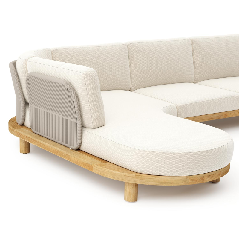 Donato loungehoek in teak en beige verticaal geweven ronde rope met all weather cosytica Althea Off White kussen