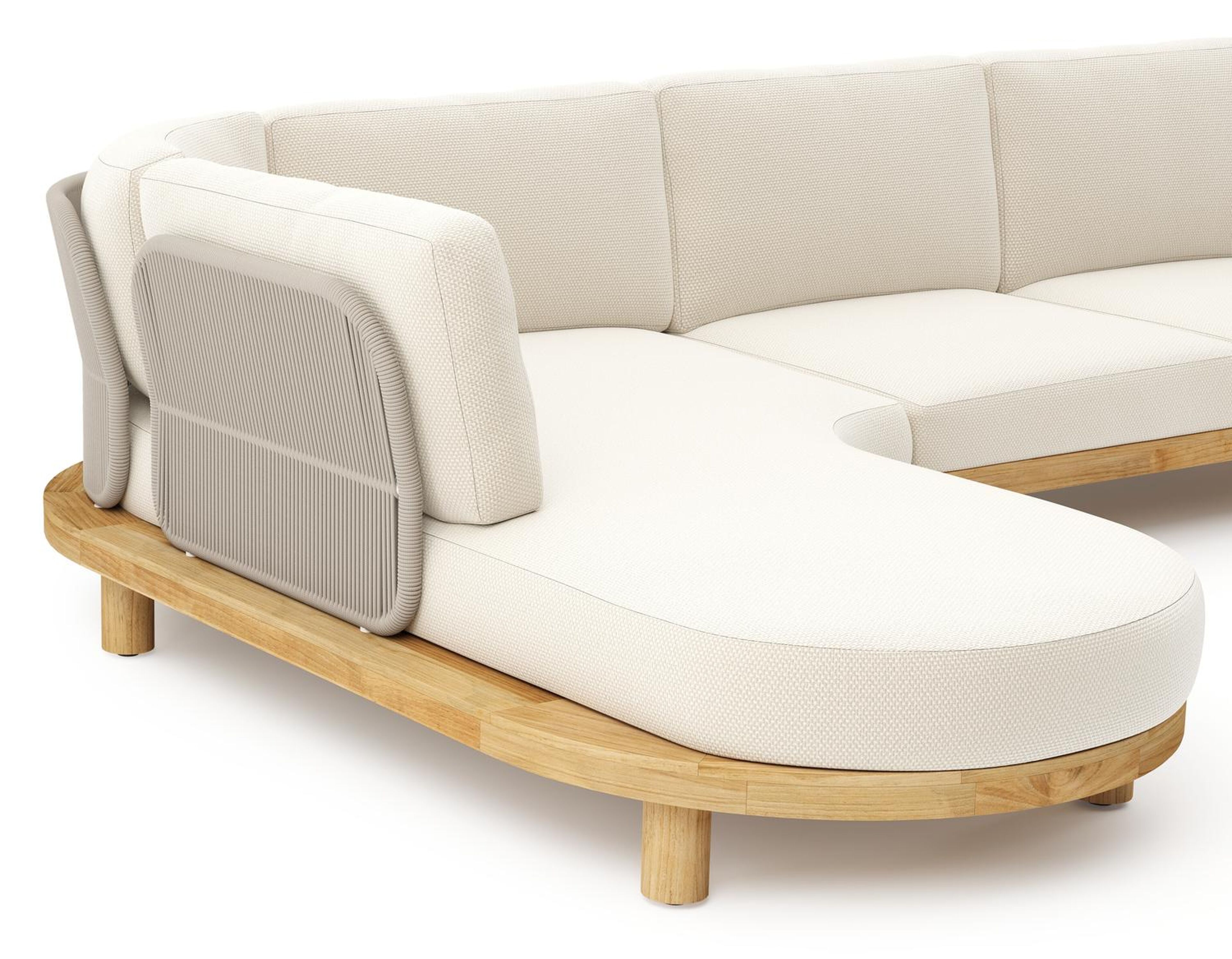 Salon de jardin d'angle Donato en teck et corde ronde tissée verticalement beige et coussins en all weather cosytica Althea Off White