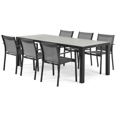 Varese tuinset in zwart aluminium en grijs volkeramiek tafelblad met 6 stapelbare Bareto tuinstoelen