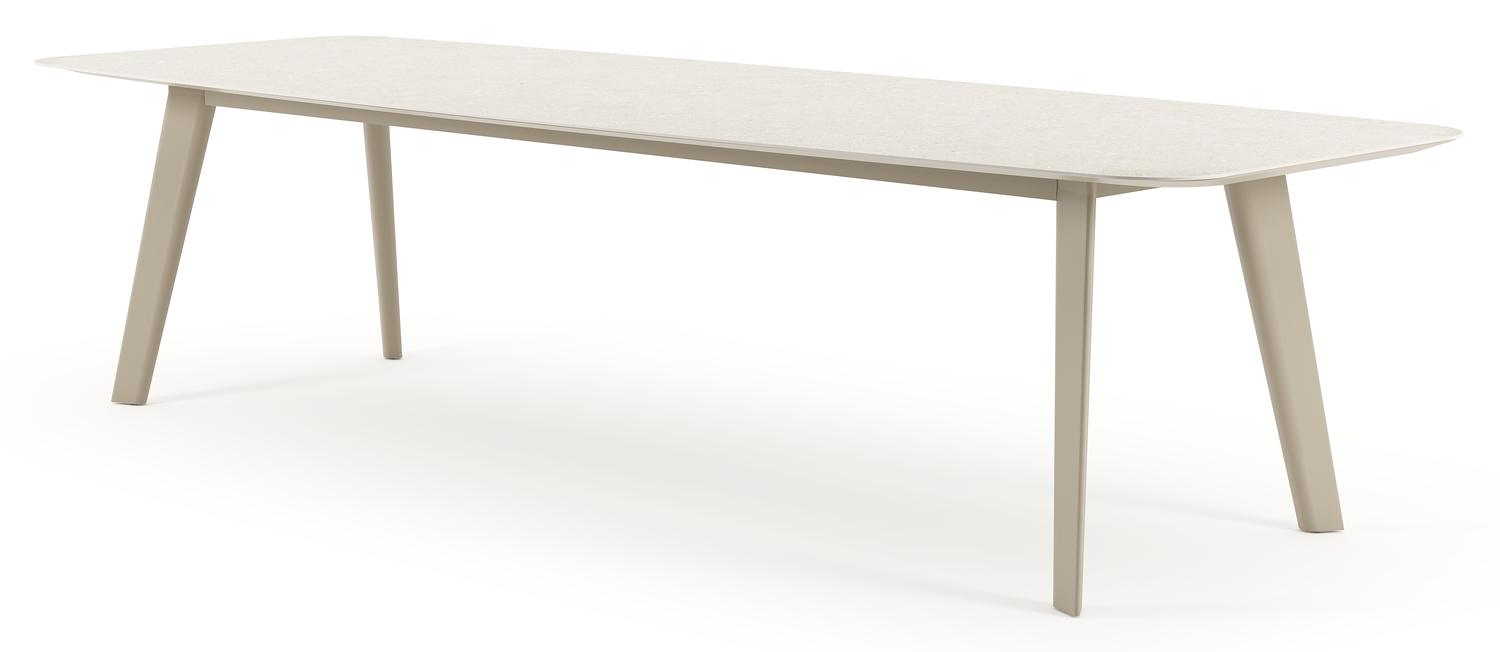 Table de jardin Lacirma forme de bateau en aluminium beige et céramique pleine Shilin Lg. 315 x Lrg. 115 x Haut. 73 cm