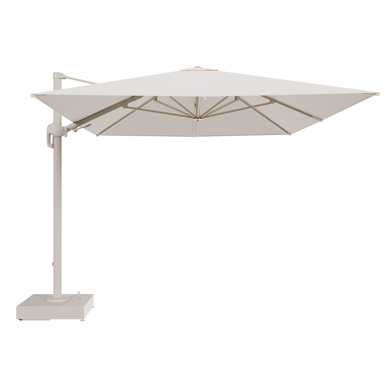 Rufina zweefparasol met tiltfunctie in beige aluminium en Natte Linen Chalk All Weather Sunbrella® Luxe parasoldoek - L1 400 x L2 300 cm met parasolvoet Minore 150 kg met wielen