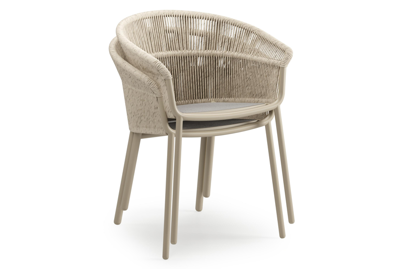 Matera tuinstoel in beige aluminium en beige gedraaide ronde wicker met kussen in rustic weather+ softtouch