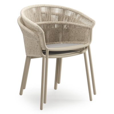 Matera tuinstoel in beige aluminium en beige gedraaide ronde wicker met kussen in rustic weather+ softtouch