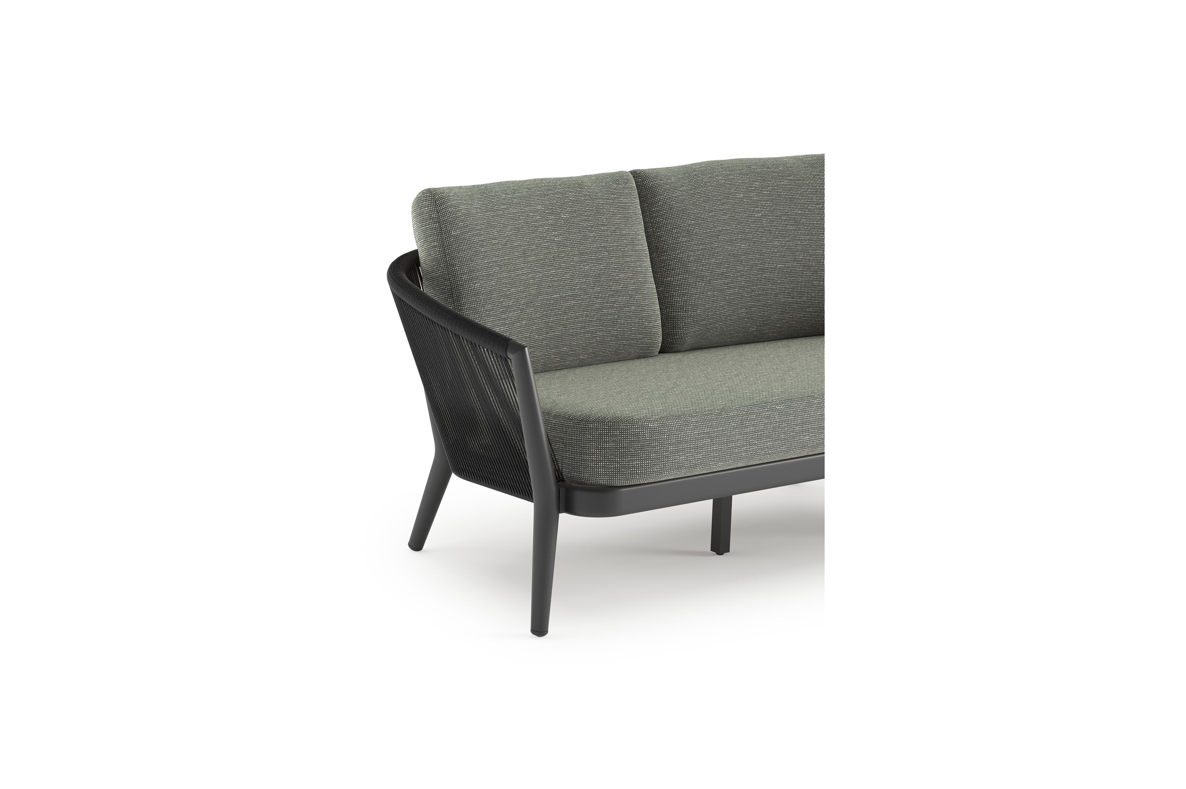 Orso loungebank in zwart aluminium en zwart verticaal geweven ronde rope met Slow Fern all weather sunbrella® luxe kussen