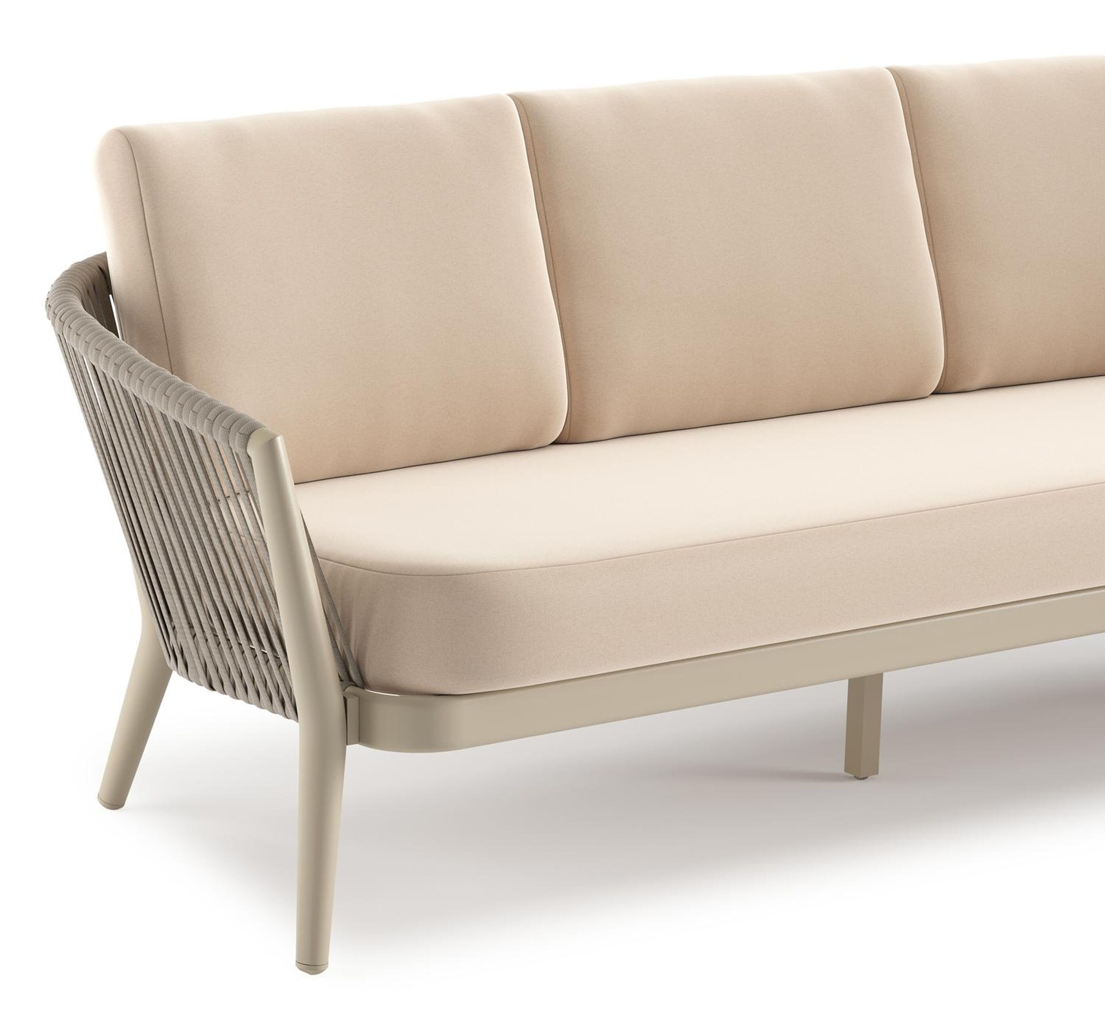 Canapé de jardin Orso en aluminium beige en corde luxe plate tissée verticalement beige et coussins en all weather sunbrella® luxe Natte Linen Chalk