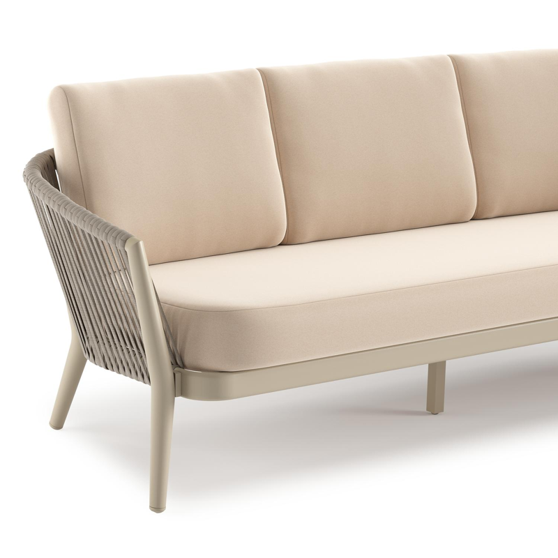 Orso loungebank in beige aluminium en beige verticaal geweven ronde rope met Natte Linen Chalk all weather sunbrella® luxe kussen
