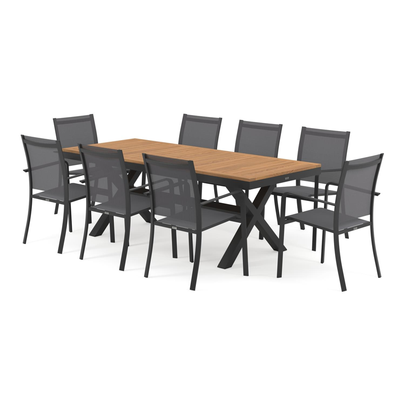 Ensemble de jardin Reza en aluminium noir avec plateau de table en teck naturel et 8 chaises de jardin empilables Calobra