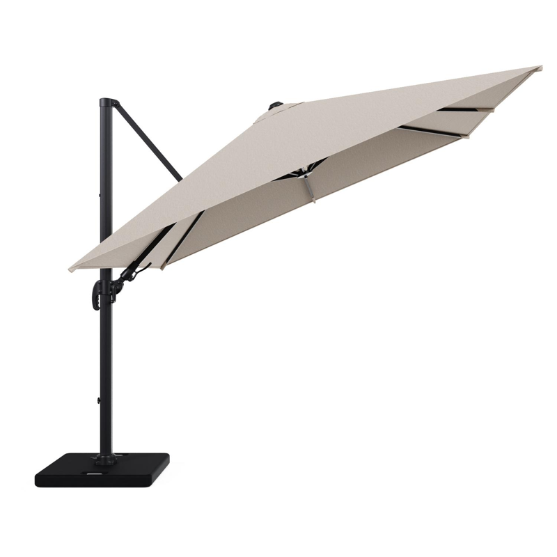 Avola zweefparasol met tiltfunctie in zwart aluminium en natural Weather+ Softtouch parasoldoek - L1 300 x L2 300 cm met parasolvoet Pedito 120 kg