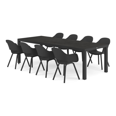 Varese tuinset in zwart aluminium en zwart volkeramiek tafelblad met 8 Artena tuinstoelen