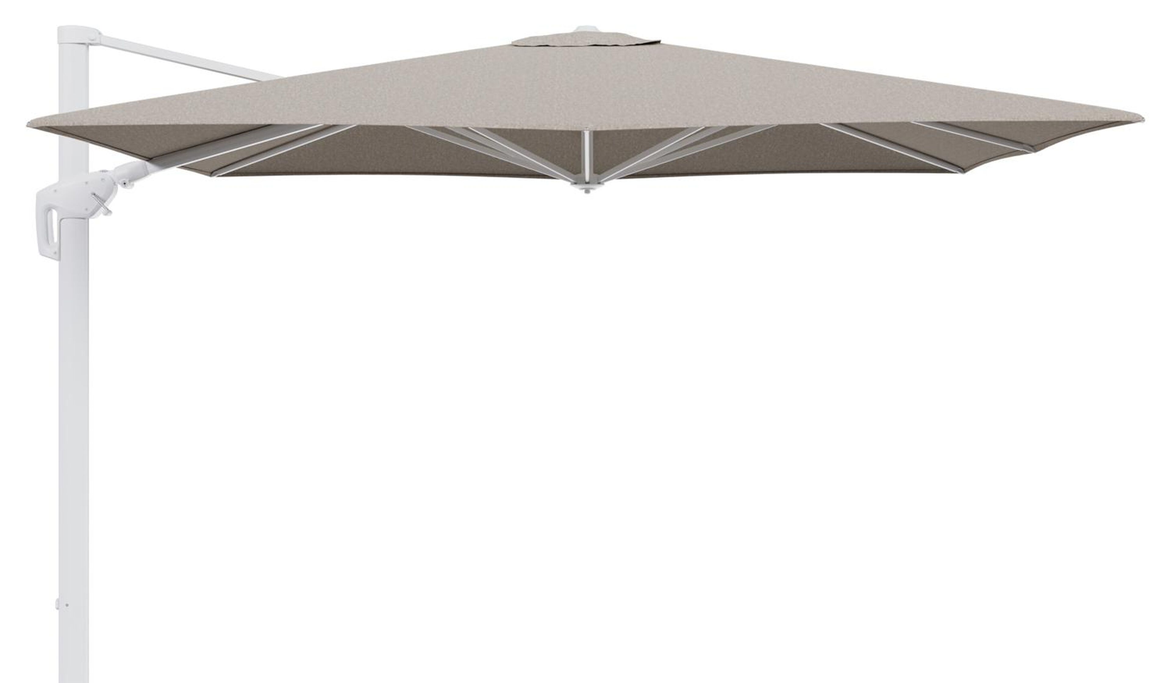 Parasol pendant Minore avec fonction tilt en aluminium blanc et toile de parasol en All Weather Sunbrella® Luxe Chartres Pewter  - Lg.1: 280 x Lg.2: 370 cm (sans pied de parasol