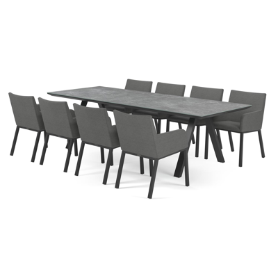 Puglia tuinset in zwart aluminium en grijs keramisch glas tafelblad met 8 Rivo tuinstoelen