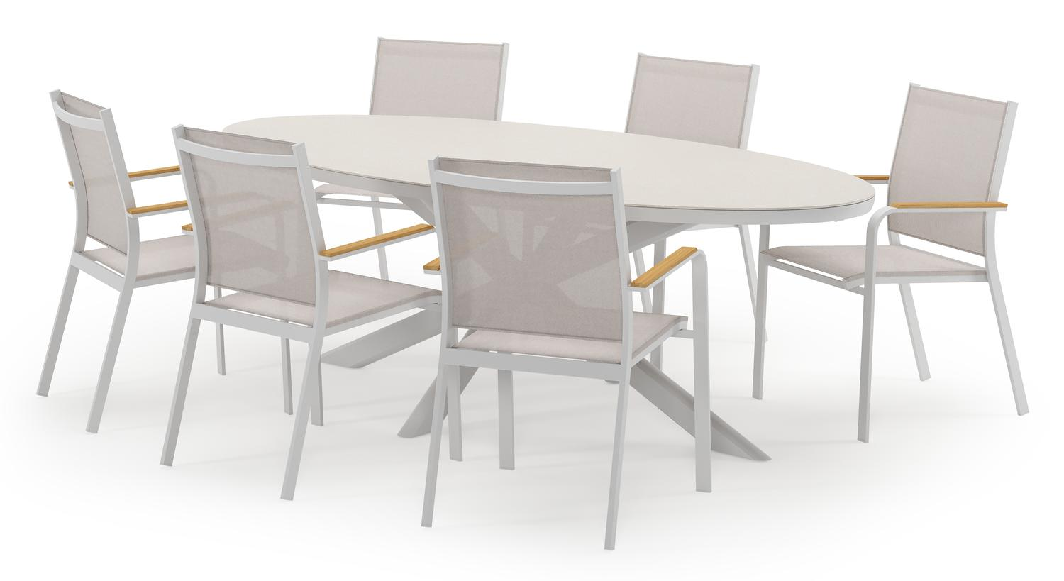 Pamplona ovale tuinset in wit aluminium en sintered stone crema minerale met 6 Amalfi tuinstoelen