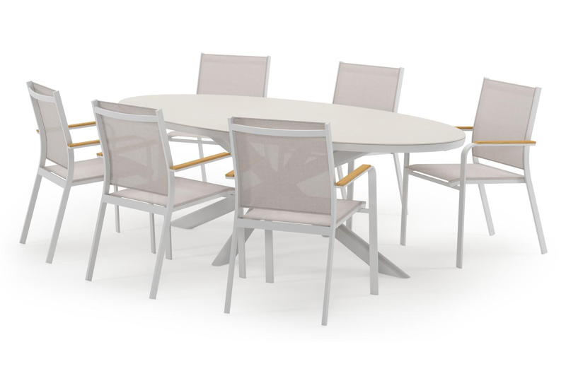 Pamplona ovale tuinset in wit aluminium en sintered stone crema minerale met 6 Amalfi tuinstoelen